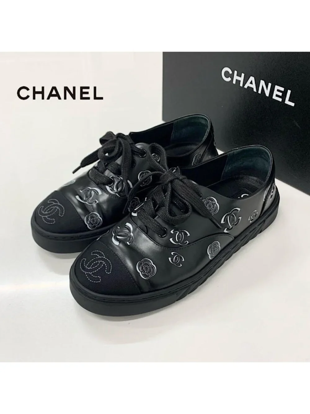 Chanel CC Logo Camellia Leather Fabric Sneakers Black
